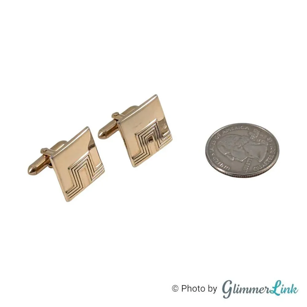 Vintage Swank MCM Square Geometric Black Lines Gold Tone Cufflinks